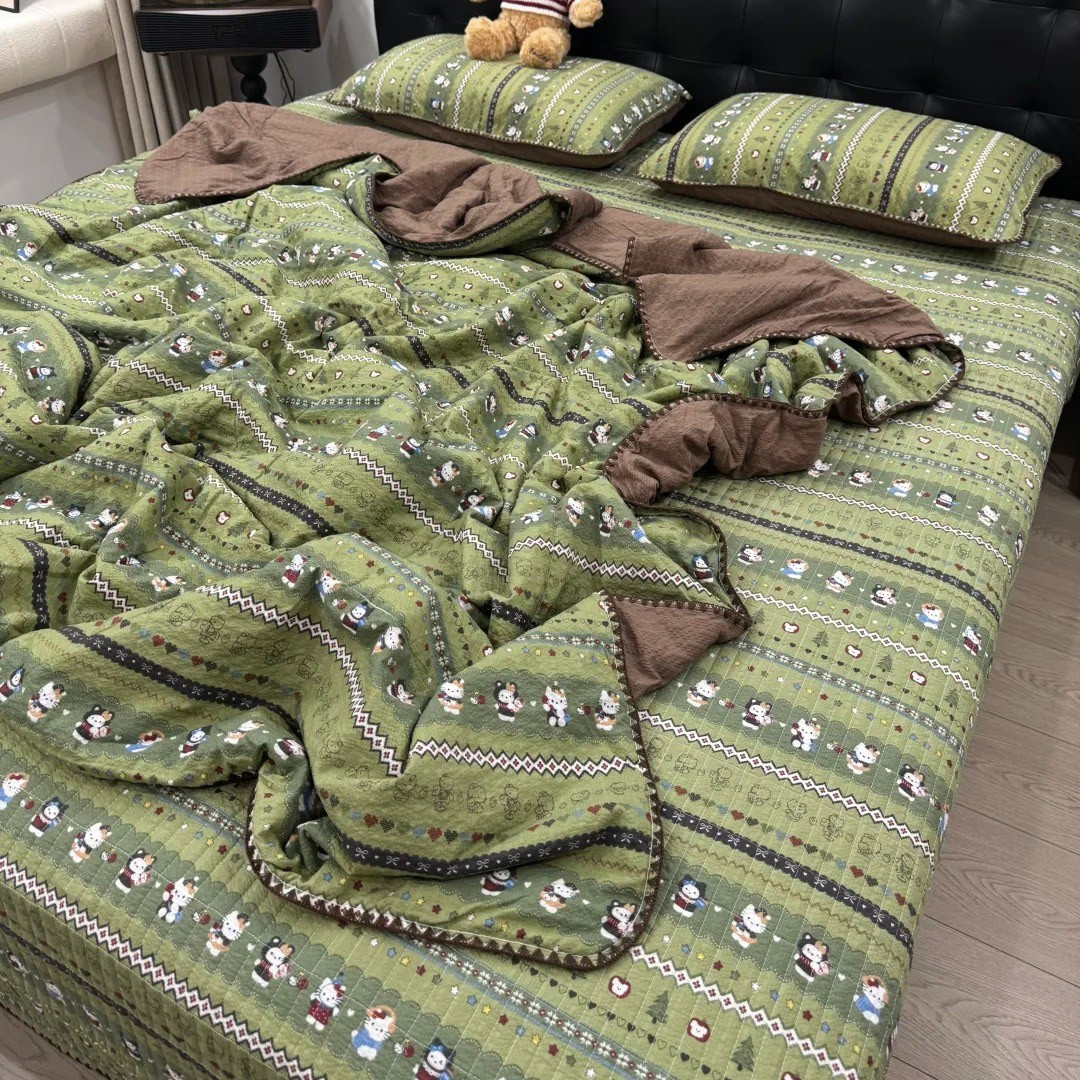 ins森系小猫水洗棉夏被床盖四件套夏季贝壳边空调被夹棉床单床品z