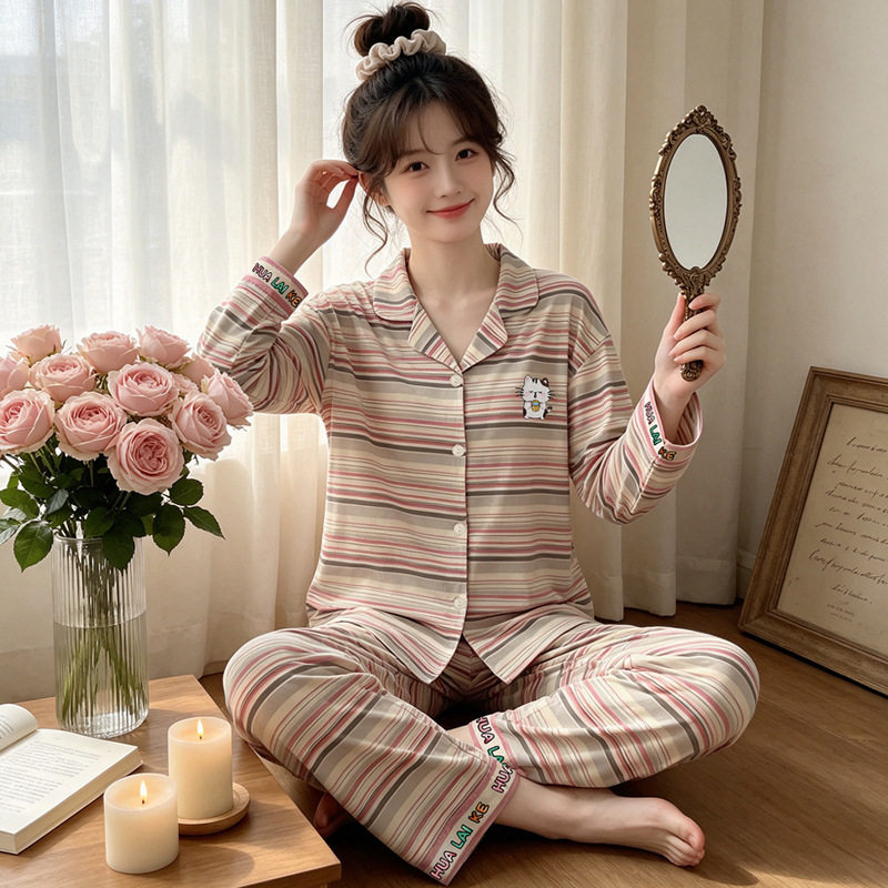 萌趣条纹卡通小猫ins新款仿棉睡衣女甜美家居服长袖长裤套装