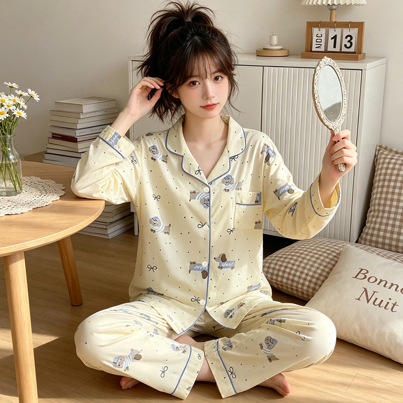 韩版ins波点小狗卡通仿棉睡衣女秋季新款休闲长袖家居服套装