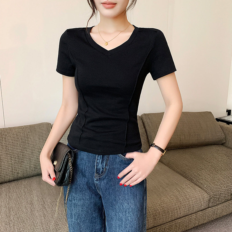 黑色T恤女短袖V领夏季新款修身打底半袖设计感鱼骨内搭纯棉上衣女