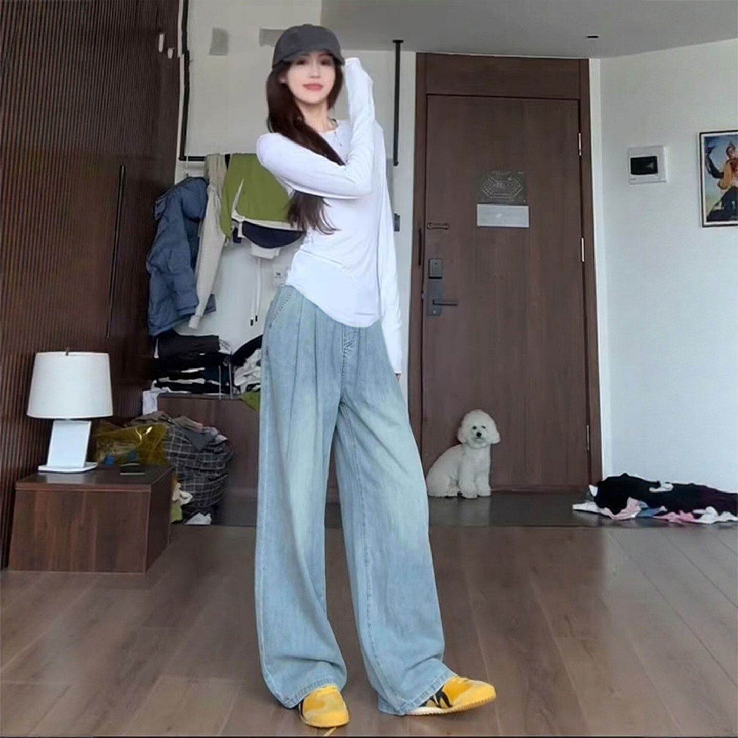天丝牛仔裤女裤子春夏薄款高腰垂感阔腿宽松小个子窄版冰丝直筒裤