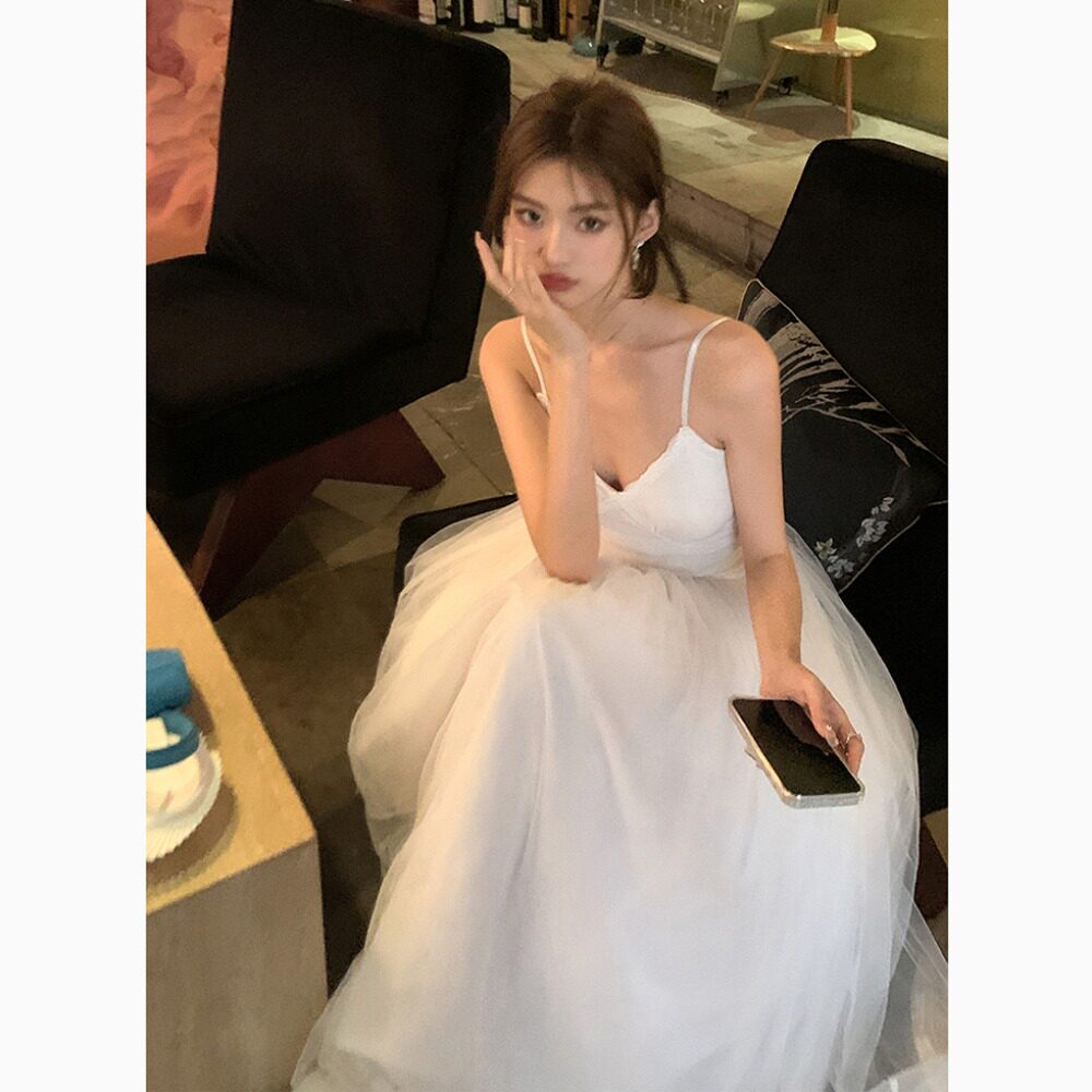 2026春夏新款浪漫芭蕾拼接纱裙吊带裙连衣裙女V领蓬蓬长裙