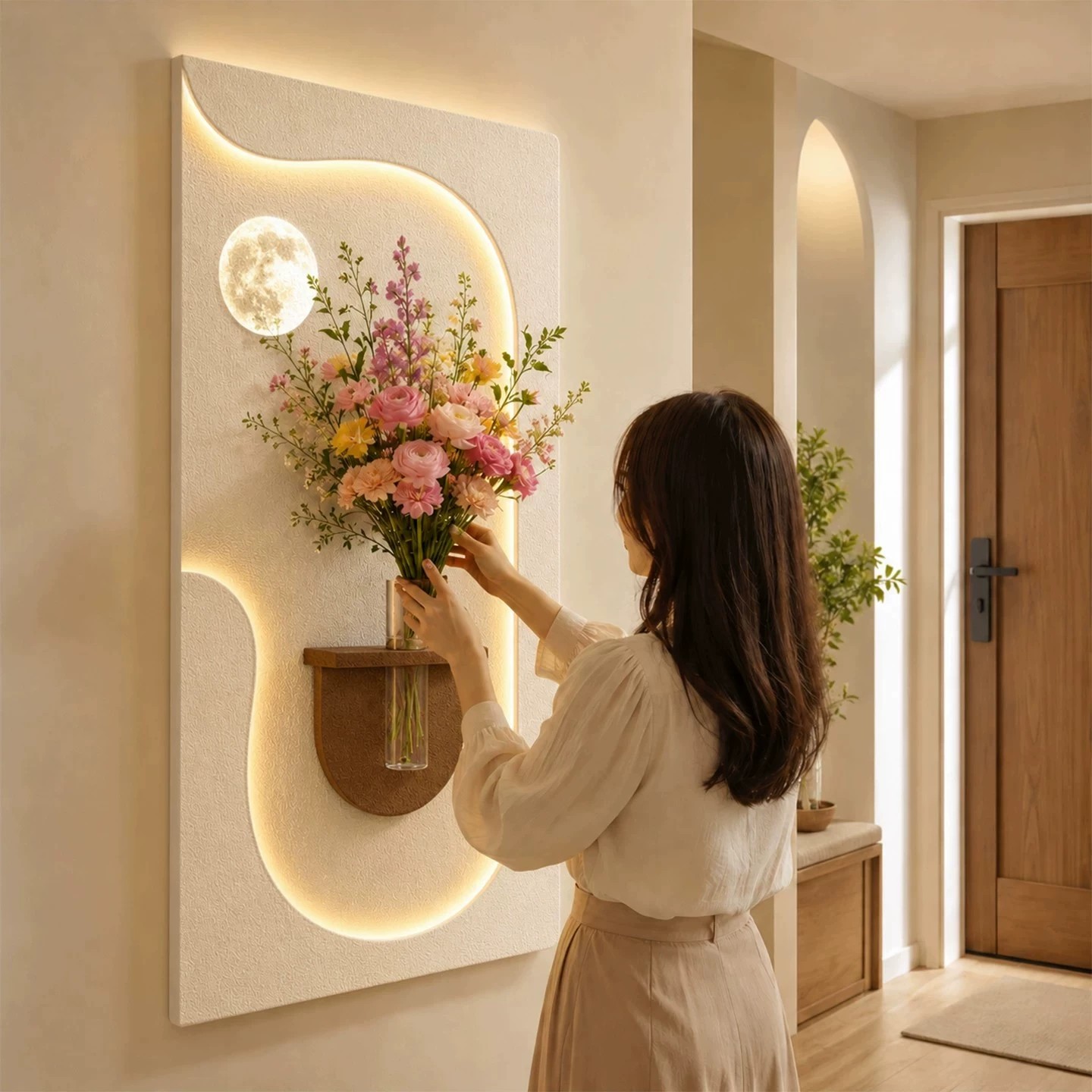 奶油风玄关装饰画创意水培绿植灯光画造景客厅挂画入户正对门壁画图片
