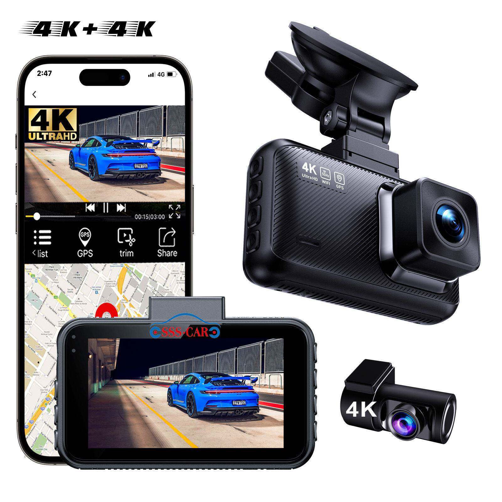 跨境新款4K+4K+WIFI双录行车记录仪清录像停车监控带夜视cardvr
