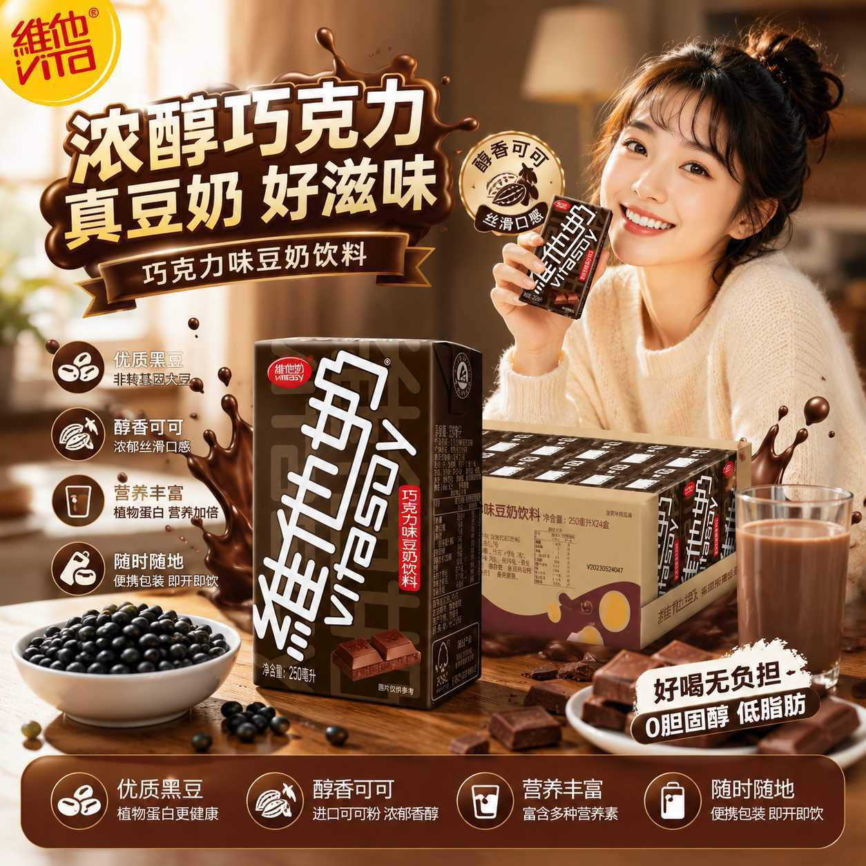 维他奶巧克力味豆奶250ml*24盒装饮料植物蛋白饮品整箱早餐奶代餐