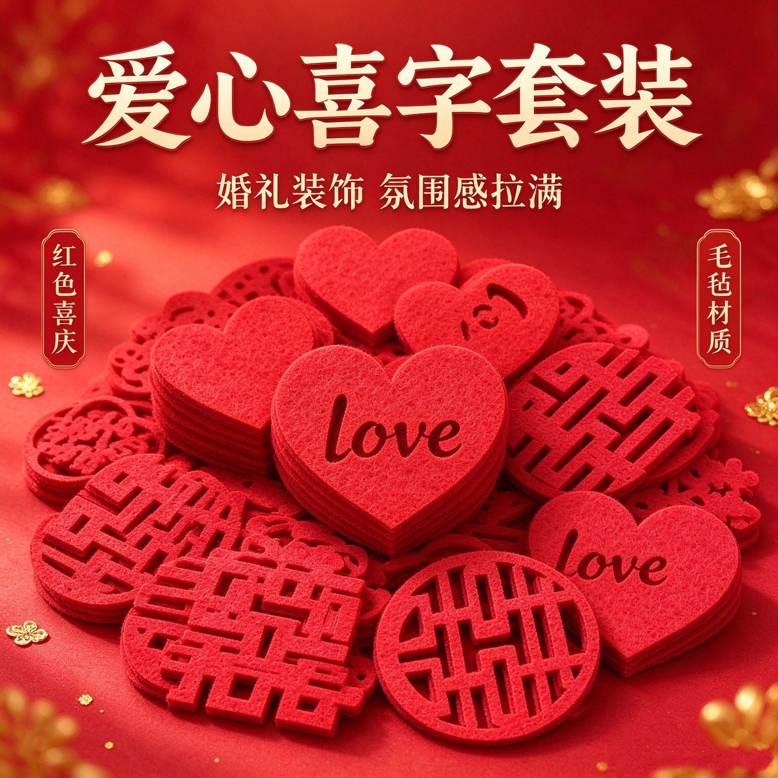 婚房装饰毛毡手抛小喜字贴纸