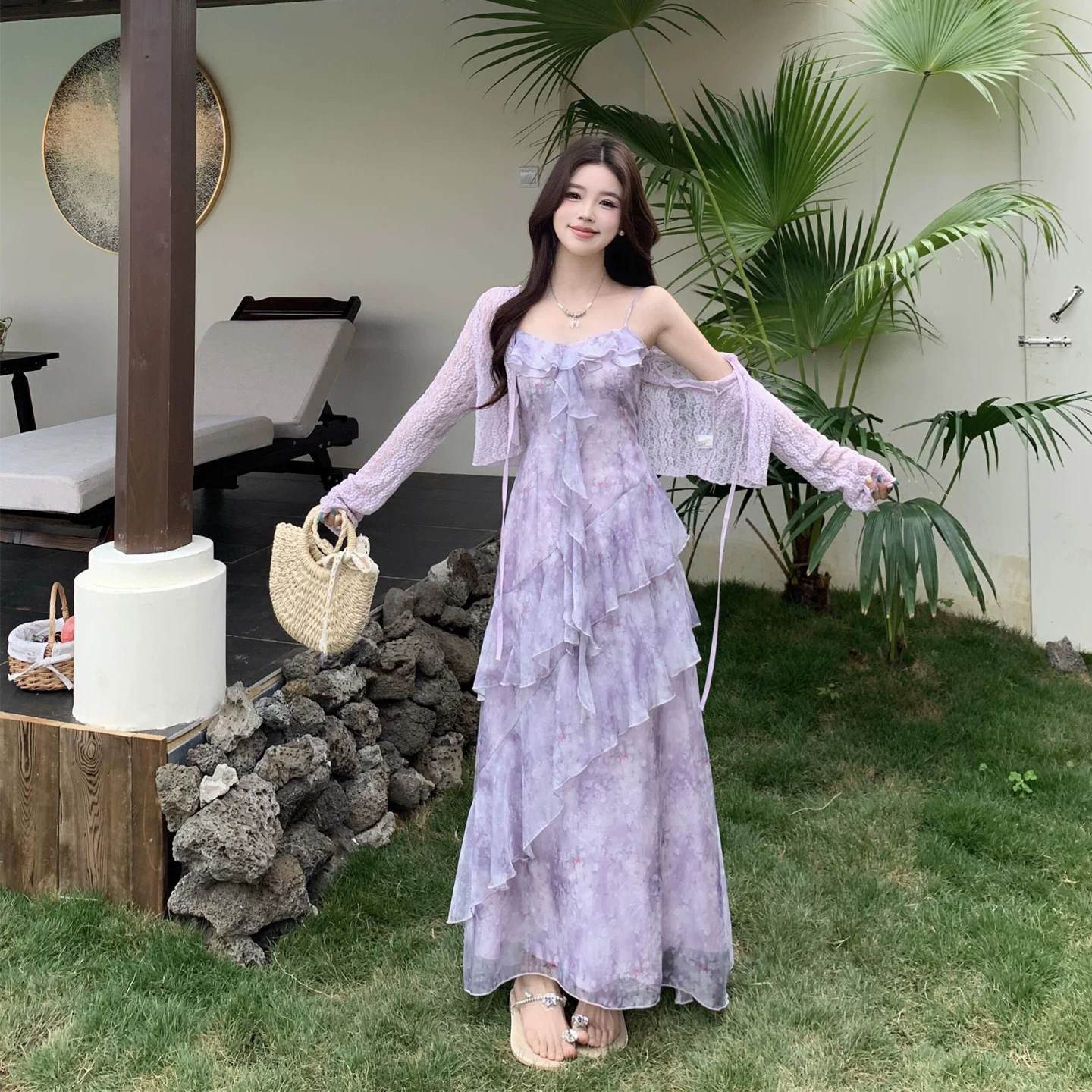 法式浪漫紫色碎花吊带连衣裙女夏大码胖mm荷叶边蛋糕裙度假风长裙