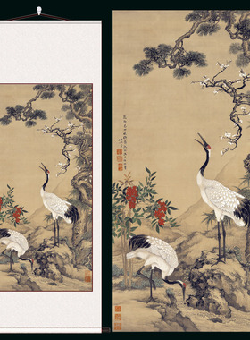 沈铨松梅双鹤图高清微喷复制国画临摹客厅书房装饰画卷轴挂画中式