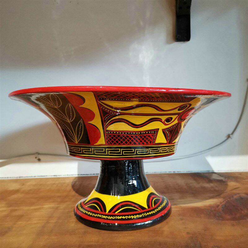 四川大凉山彝族民间漆器册第彩绘手工艺品特色高脚盘高脚盆餐具