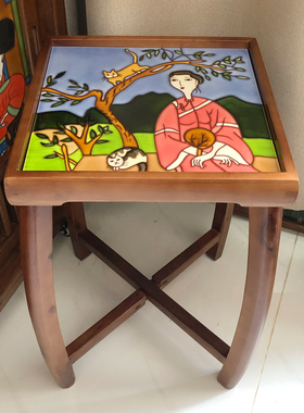 33X33X50厘米实木浮雕镶嵌立体手绘陶瓷折叠桌沙发边几可拆卸茶桌