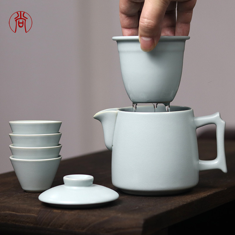 汝窑快客杯一壶四杯旅行茶具一套装泡茶杯茶水分离带过滤陶瓷杯子