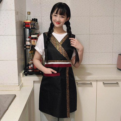 特色复古民族风高档女围裙餐厅餐饮饭店养生馆服务员围腰工作服