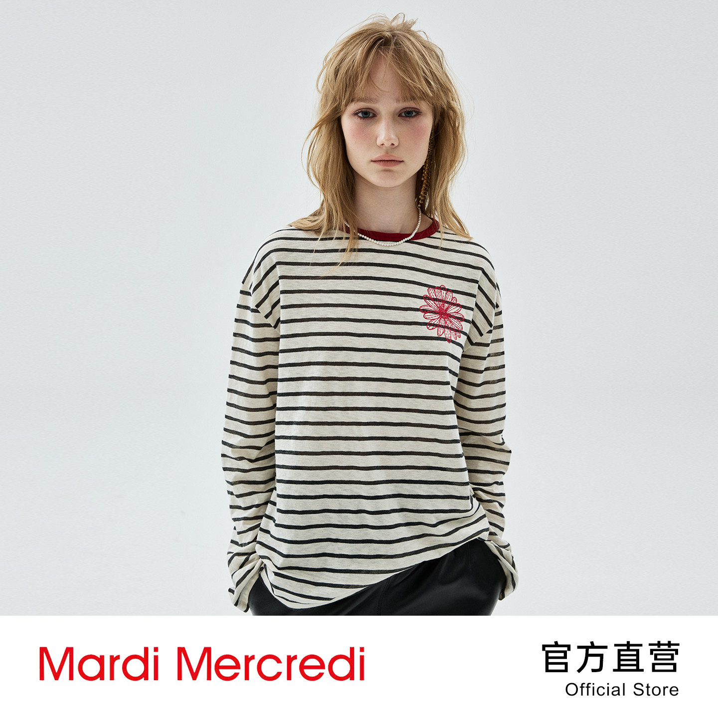 Mardi Mercredi2026 เสื้อยืดแขนยาวผ้าฝ้ายไผ่ แต่งลายดอกไม้หลากสี ตัดต่อสีแบบบล็อก สำหรับผู้หญิง ทรงสลิมฟิต ใส่ลำลอง