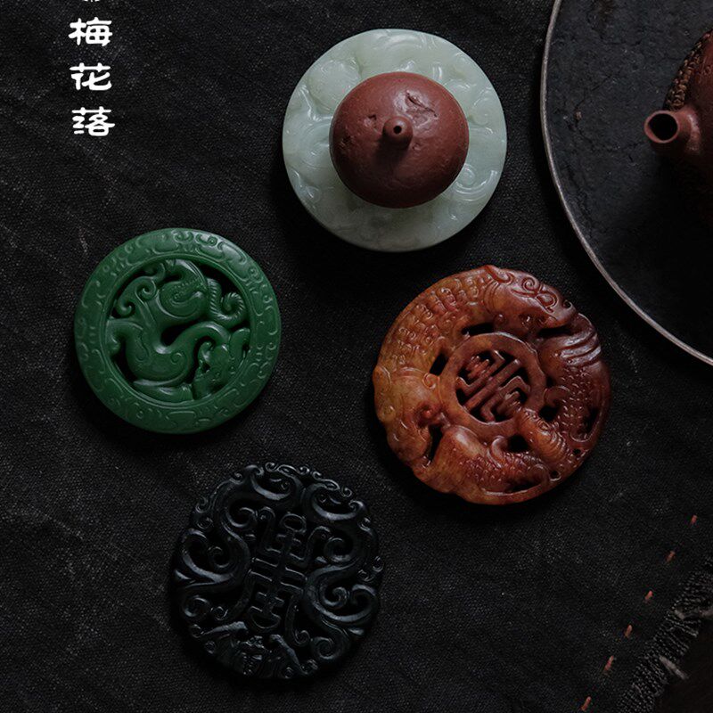 梅花落古色古香龙纹玉盖玉坠茶玩壶架圆紫砂壶盖架茶配件复古