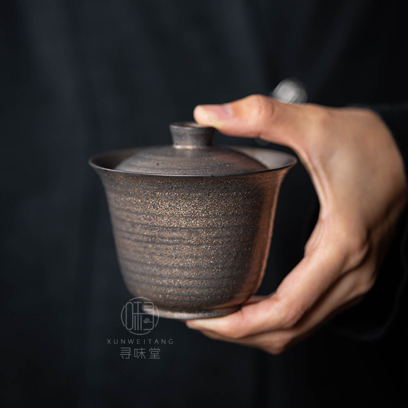 古铜釉粗陶盖碗复古风鎏金铁锈釉三才碗二才泡茶碗陶瓷功夫茶具