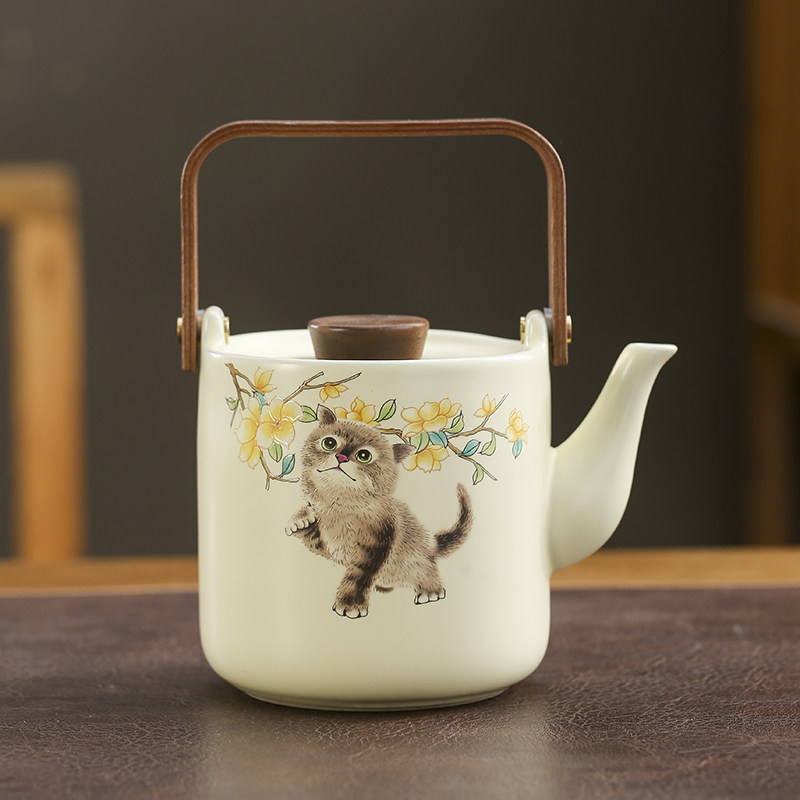 萌猫米黄汝窑茶壶大容量提梁壶单壶家用茶具配件茶杯子茶叶罐茶道
