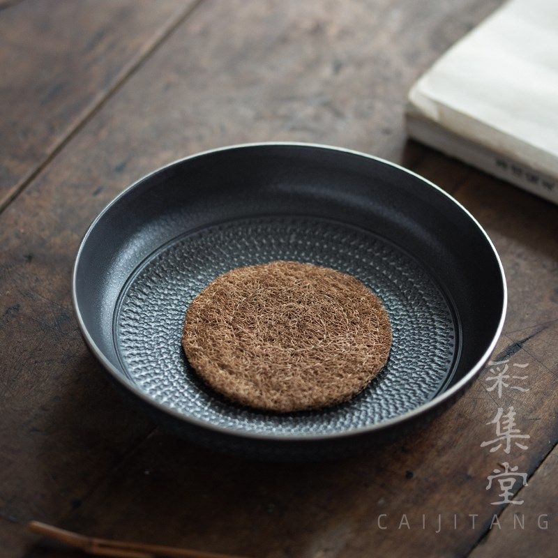 彩集堂 侘寂黑釉手工跳刀壶承 描银圆形陶瓷干泡盘子茶托养壶垫