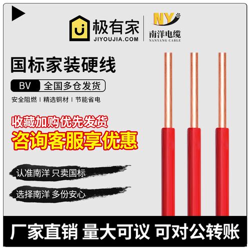 南洋 家用家装硬线 BV 1.5 2.5 4 6平方10单股铜芯国标铜线 一卷