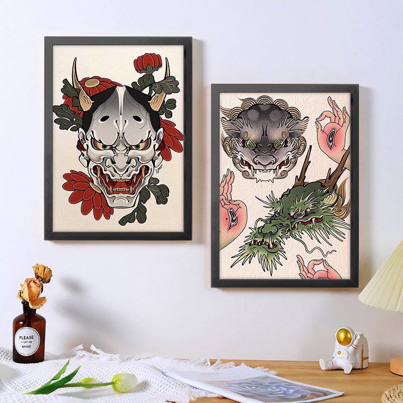 a4纹身海报框画装饰画传统般若猫鼠刺青店客厅墙壁挂画背景墙定制