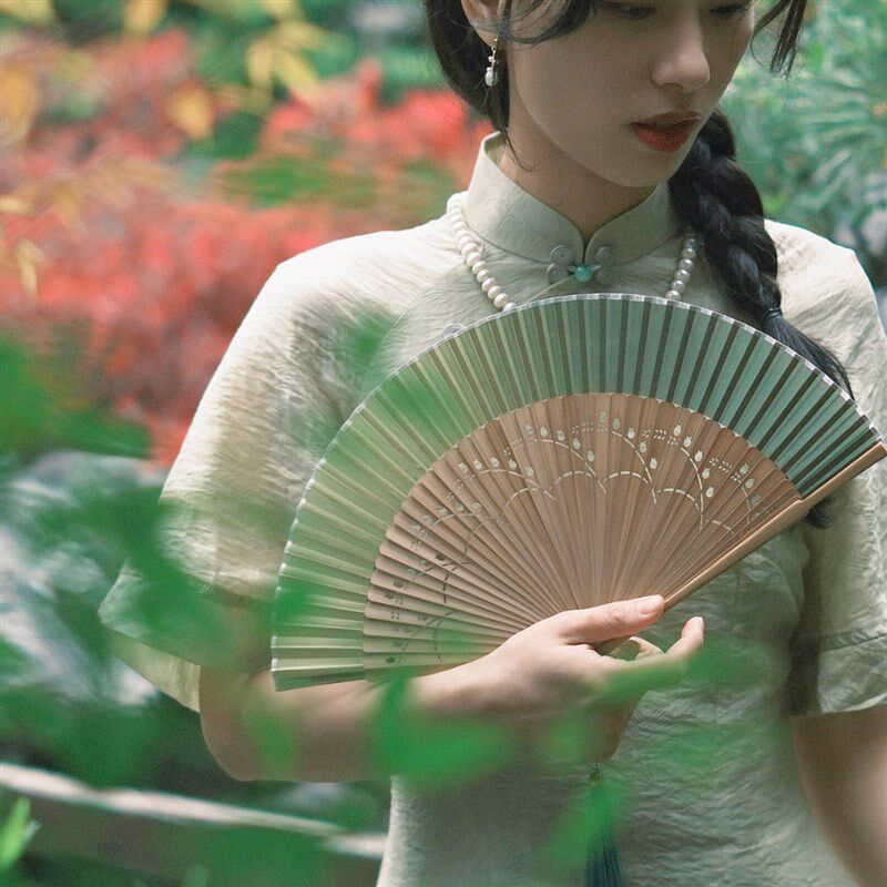 6.6寸折扇古风小清新女扇草绿色折扇舞蹈汉服扇子纳凉便携小扇子