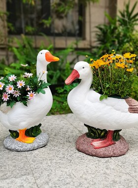 庭院花园阳台造景布置鸭子花盆院子水景幼儿园装饰品仿真动物摆件