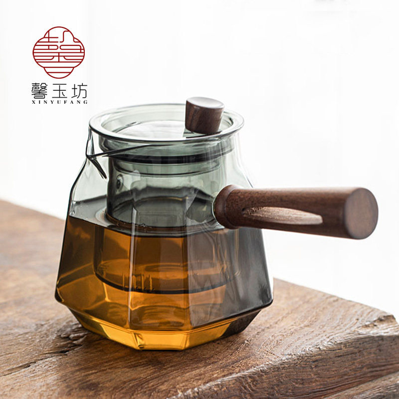 烟灰色侧把玻璃泡茶壶围炉煮茶电陶炉耐高温过滤煮茶器木柄花茶壶