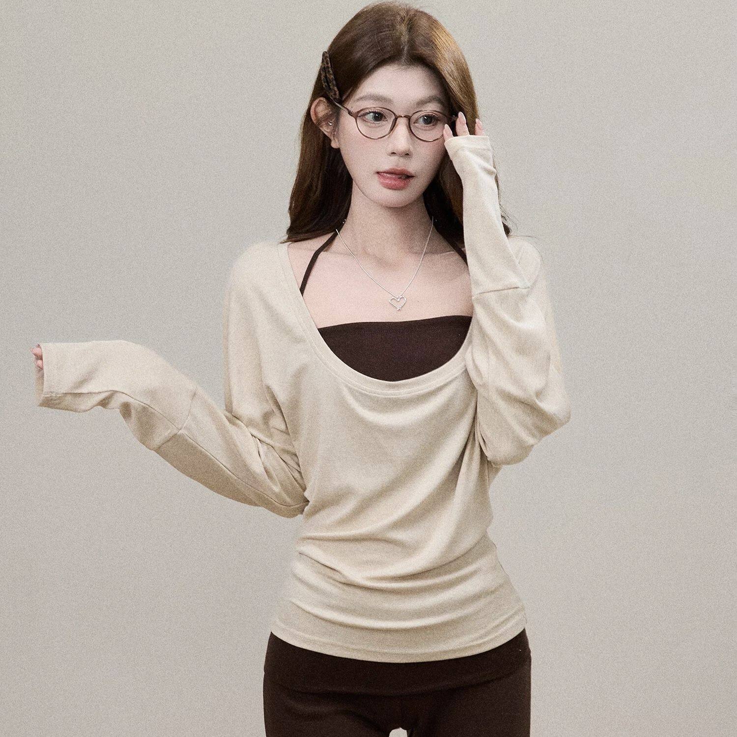 BBT Sweety 松弛感露肩挂脖T恤女秋季吊带斜肩上衣休闲裤套装