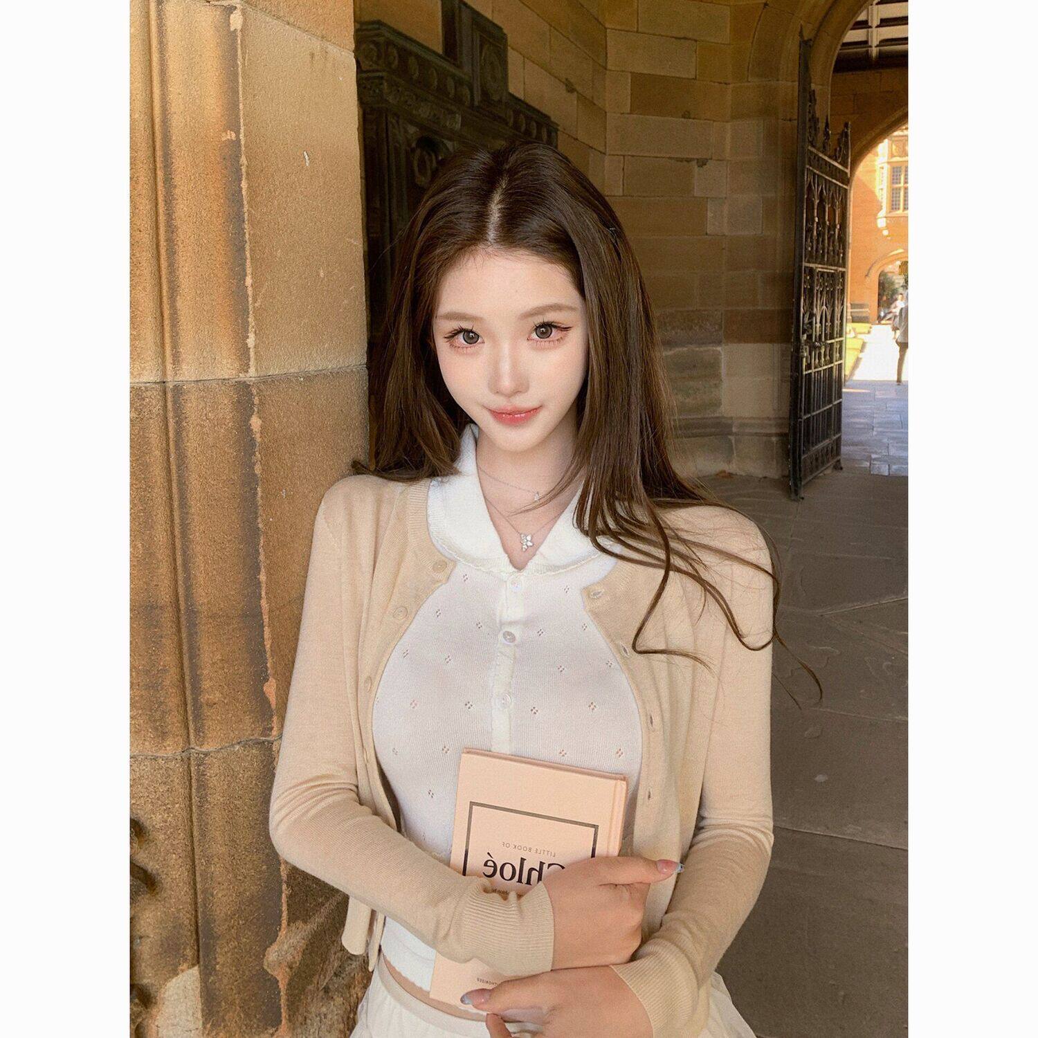 JMSHOP 彼得潘 羊毛混纺针织开衫女秋季娃娃领翻领背心上衣两件套