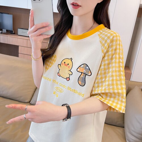 小个子2026夏季新款韩版格子拼接卡通设计小众短袖T恤女百搭上衣