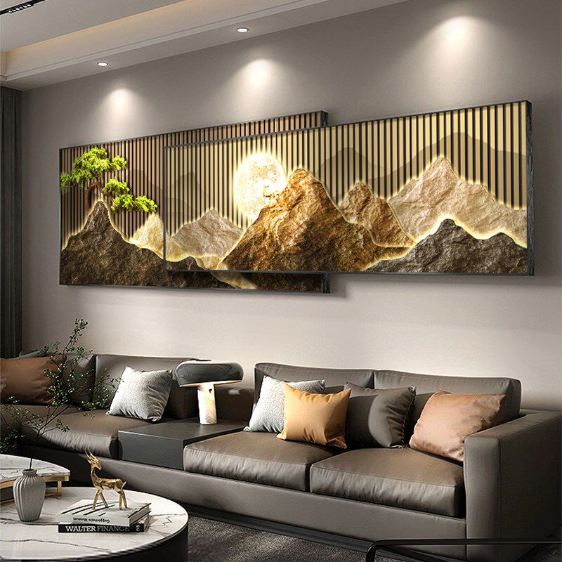 背靠金山客厅装饰画现代中式沙发背景墙山水挂画高级感迎客松壁画