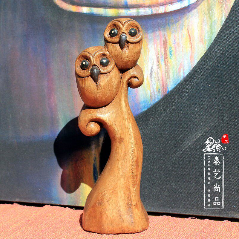 泰国手工木雕创意摆件猫头鹰萌物装饰客厅电视柜装饰结婚节日礼品