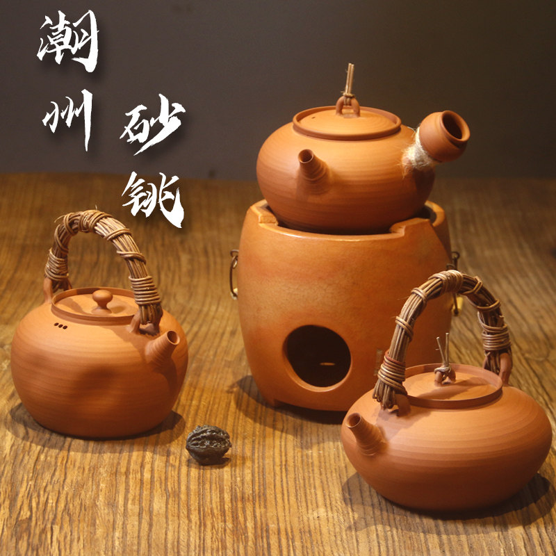 潮州三兮 纯手工拉坯薄胎砂铫茶锅 传统红泥泡煮茶烧水电陶炉陶壶