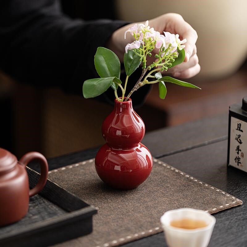 福禄东海陶瓷花瓶全红色红釉葫芦花瓶小号招财葫芦郎红玄关摆件