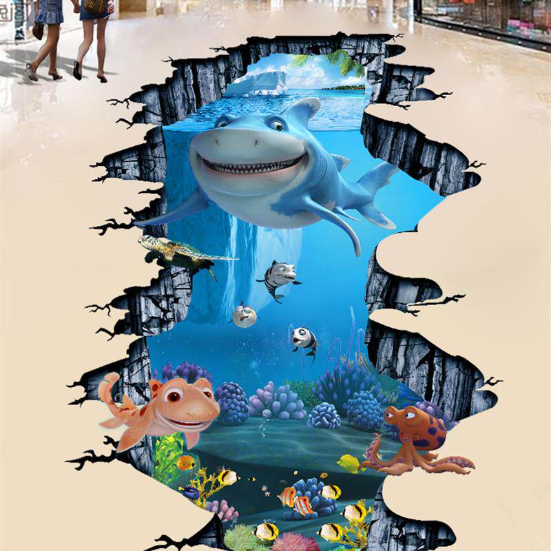 地画大嘴鲨海洋世界3立体墙贴防水地板贴儿童房卧室客厅地面贴画
