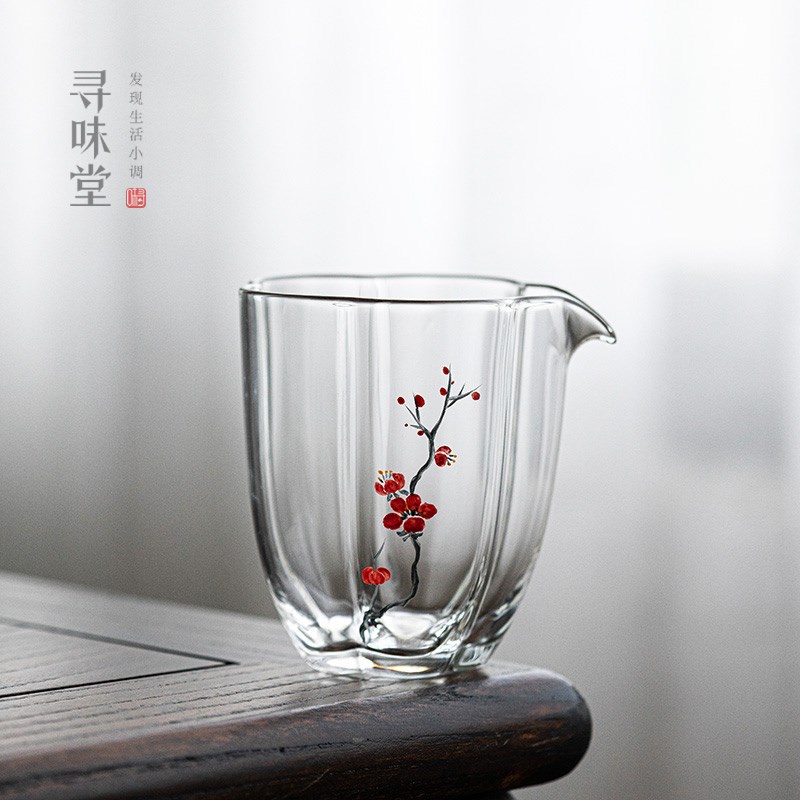 手绘玻璃公道杯高品质耐热茶海红梅分茶器匀杯加厚家用功夫茶具