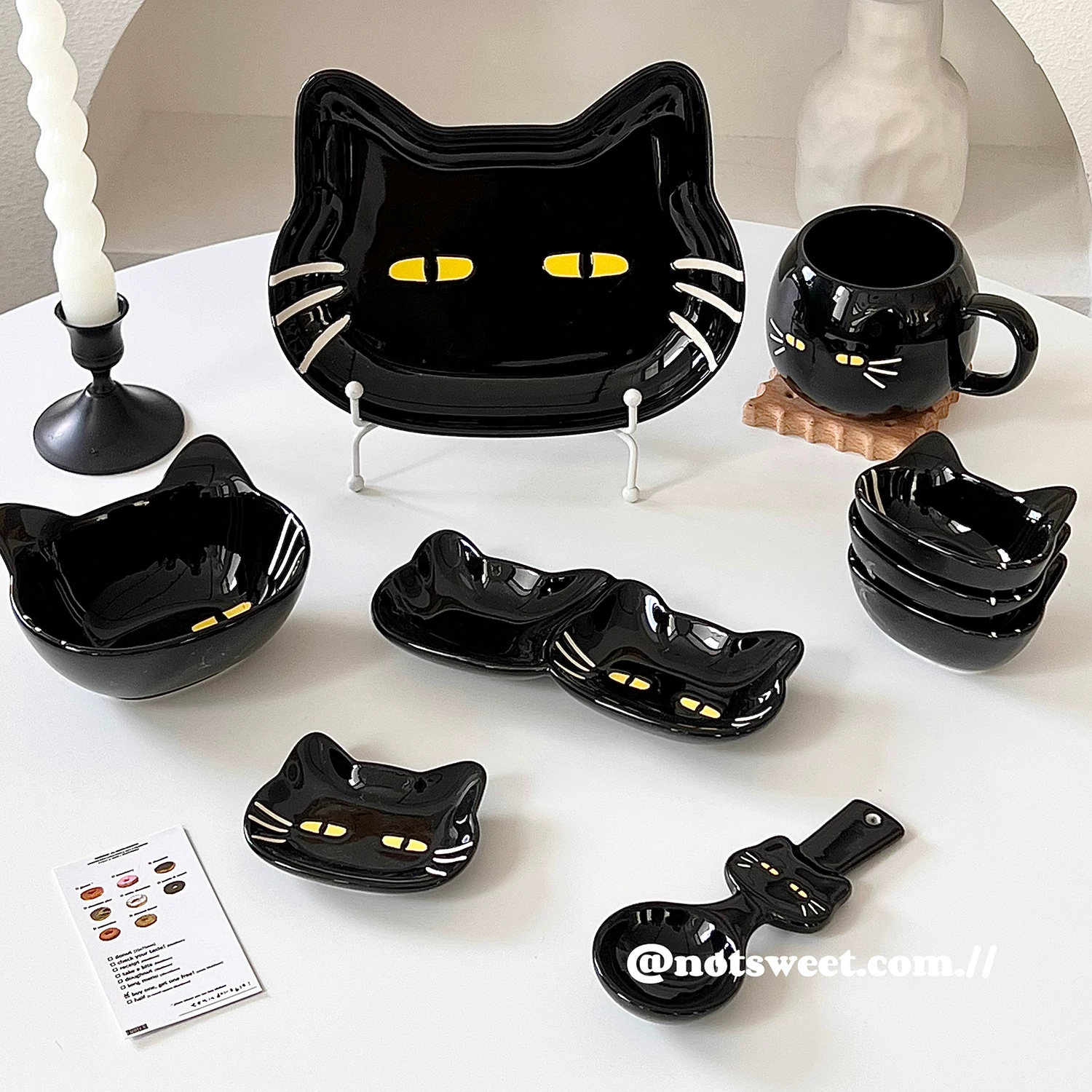 可爱亮面黑猫造型陶瓷碗盘碟子餐具黑色卡通盘子碗杯子家用套装