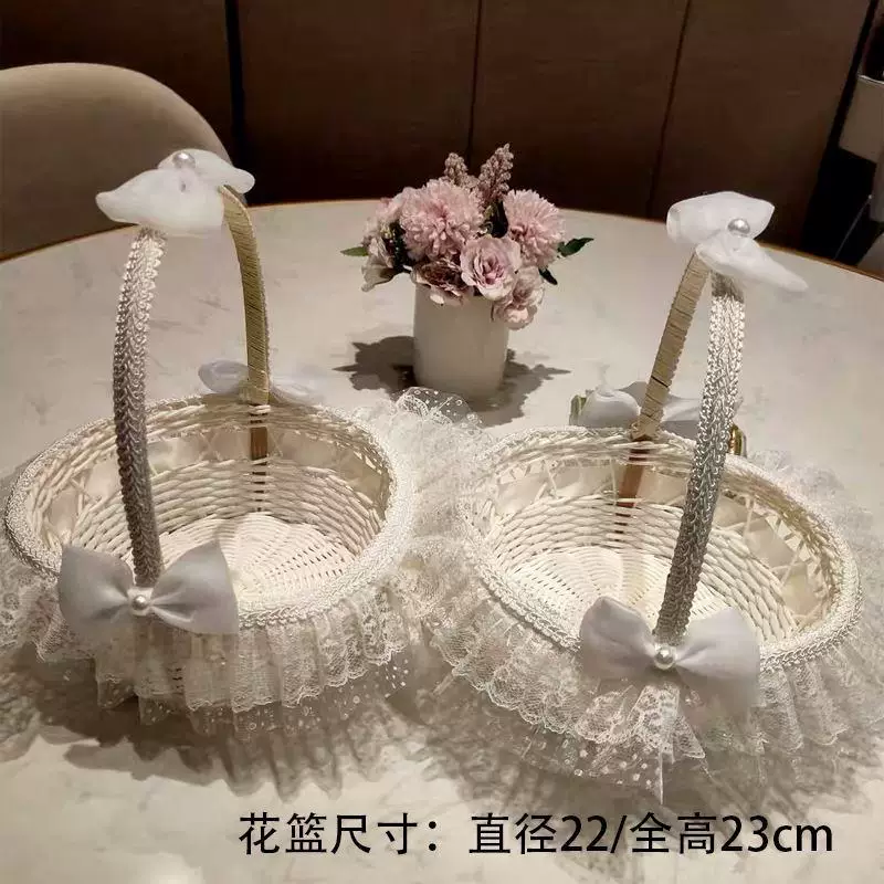 花童撒花篮结婚伴娘手提藤编篮子婚礼蝴蝶结花瓣篮子儿童跳舞花篮