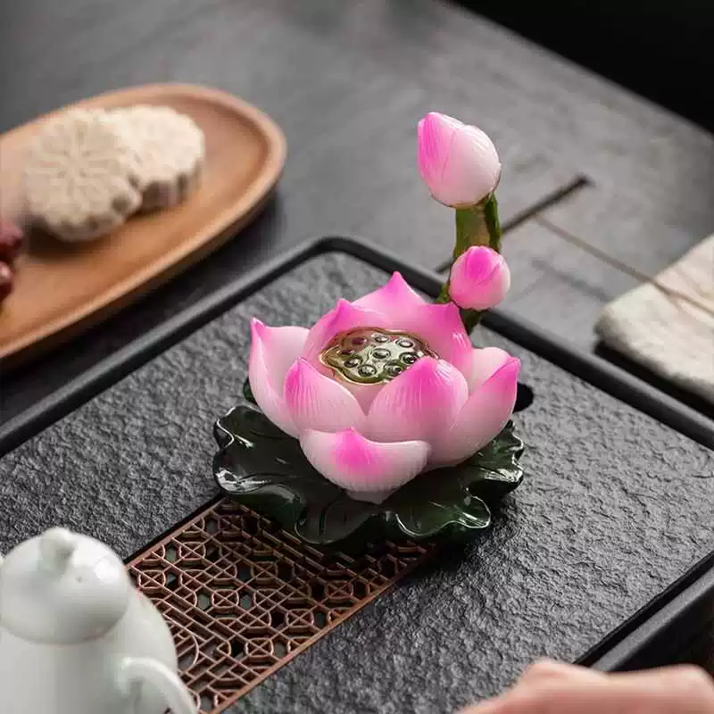 荷花莲花变色茶宠摆件花开富贵手工中式创意茶盘个性茶道茶桌配件