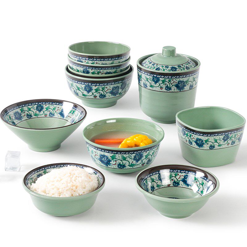 五毫餐具青花瓷密胺饭碗仿瓷饭盅汤盅商用塑料反口小碗小汤碗方碗