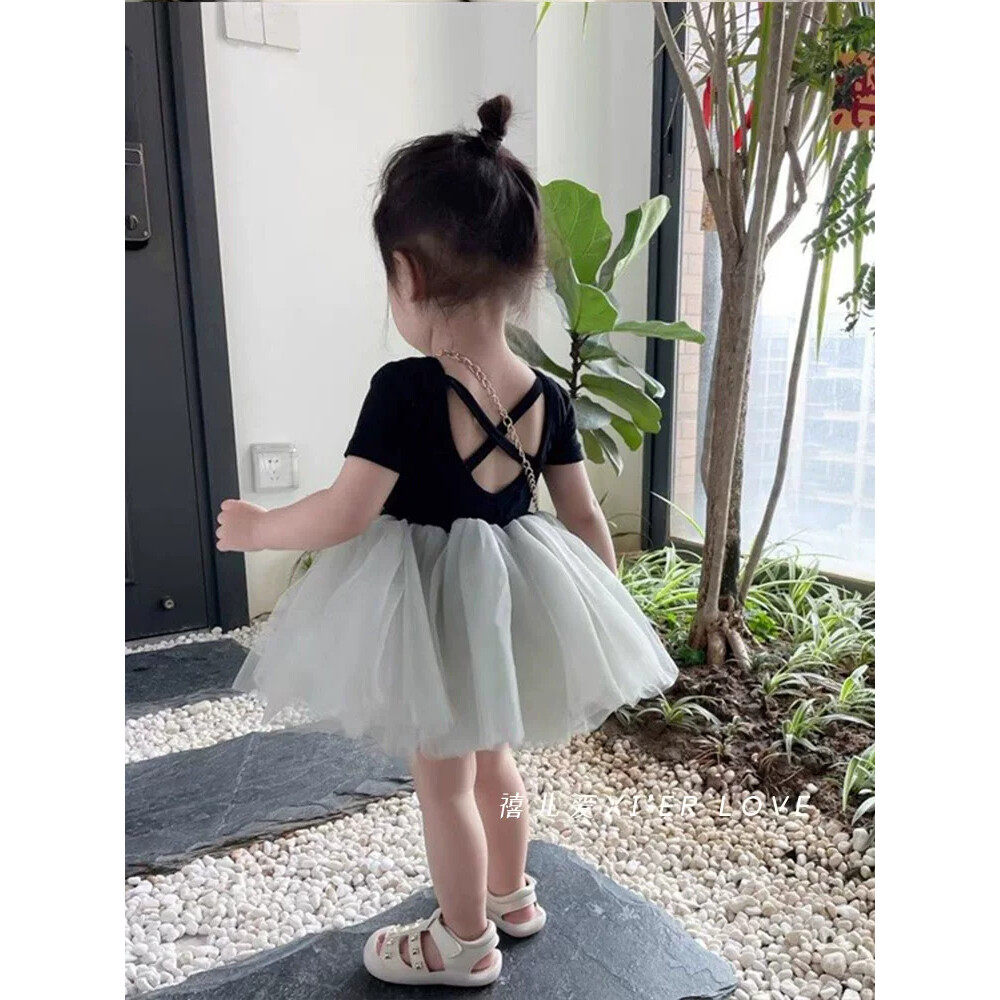 女童夏装洋气裙子连衣裙儿童露背短袖蓬蓬裙女宝宝公主裙纱裙童装