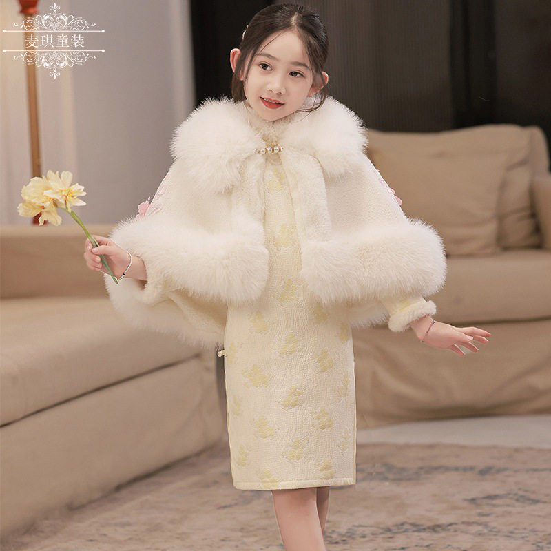 儿童旗袍唐装女童汉服披肩冬款中国风古装裙加绒宝宝拜年服披肩