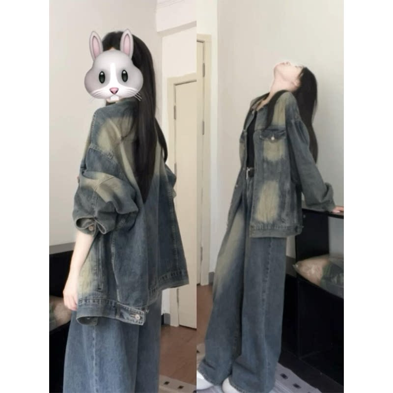美式复古水洗做旧宽松牛仔夹克上衣女2025春秋学院风中长款外套