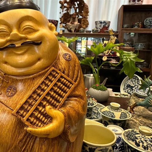 地主算盘仿竹根雕大肚招财地主婆地主笑佛摆件茶空间玄关送礼开业