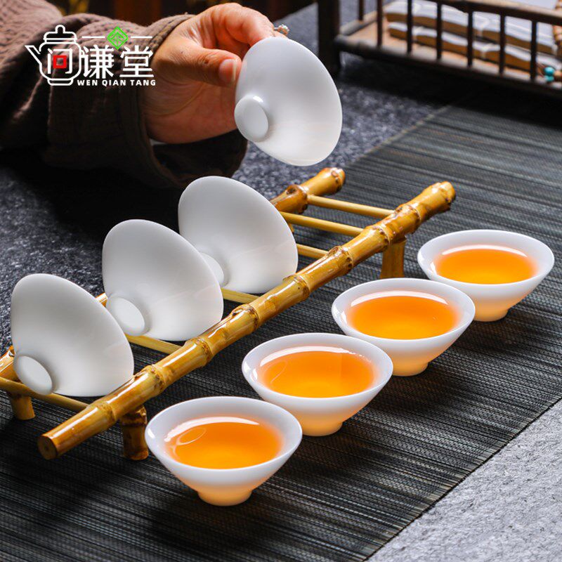 问谦堂 高端白瓷冰种玉斗笠杯茶杯套装6只家用功夫茶具茶碗品名杯