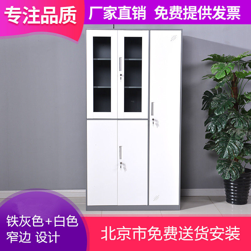 办公家具文件柜带更衣柜钢制铁皮资料柜灰白套色落地矮柜玻璃门