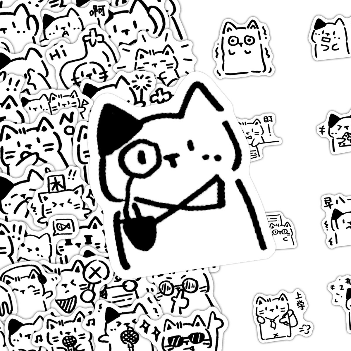 216张ins风简约黑白简笔画小猫贴纸包手绘线条搞怪猫咪贴画手账咕卡行李箱手机壳防水不干胶装饰贴画