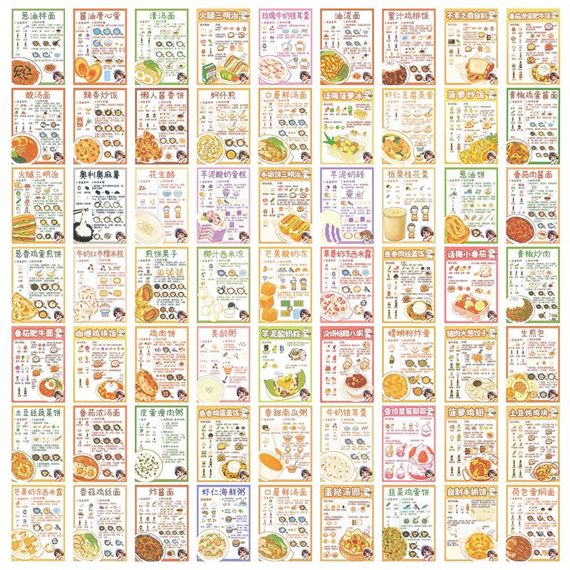 162张美食菜单贴纸美味厨房操作食谱小白创意菜谱卡通风食物图案贴纸装饰笔记本个性贴纸彩色手账素材贴画