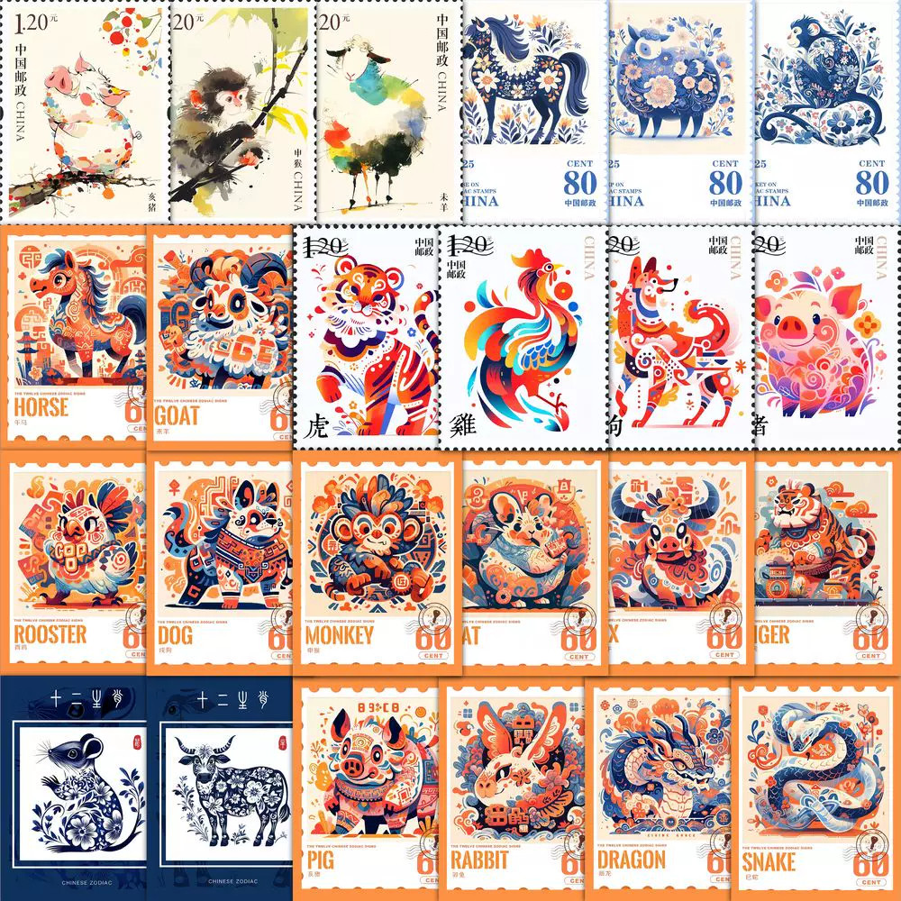 126张12生肖邮票小图案贴纸装饰马狗龙猪兔居家小墙面手账自粘diy标签防水立体不干胶贴画笔记本个性贴纸装饰
