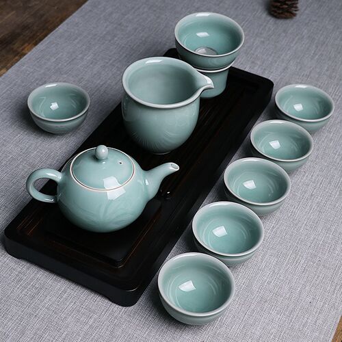 龙泉青瓷整套高档功夫茶具手工弟窑天青釉兰花茶壶茶杯套装礼盒