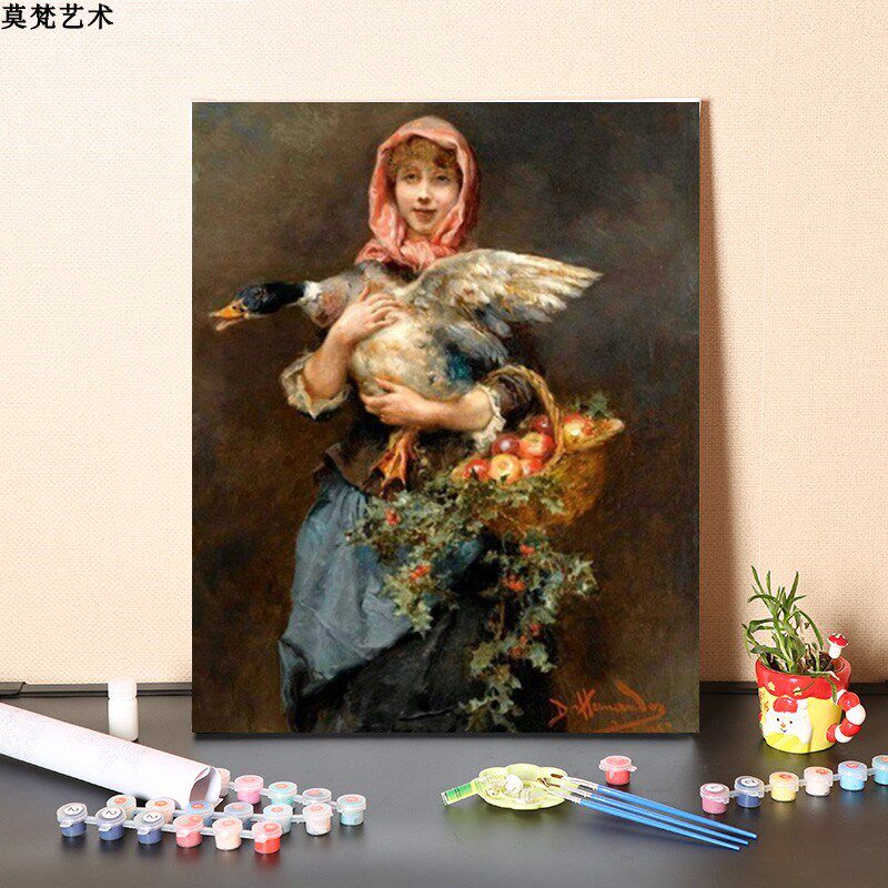 数字油画diy填充手工填色欧洲古典人物手绘买菜女孩油彩丙烯画画